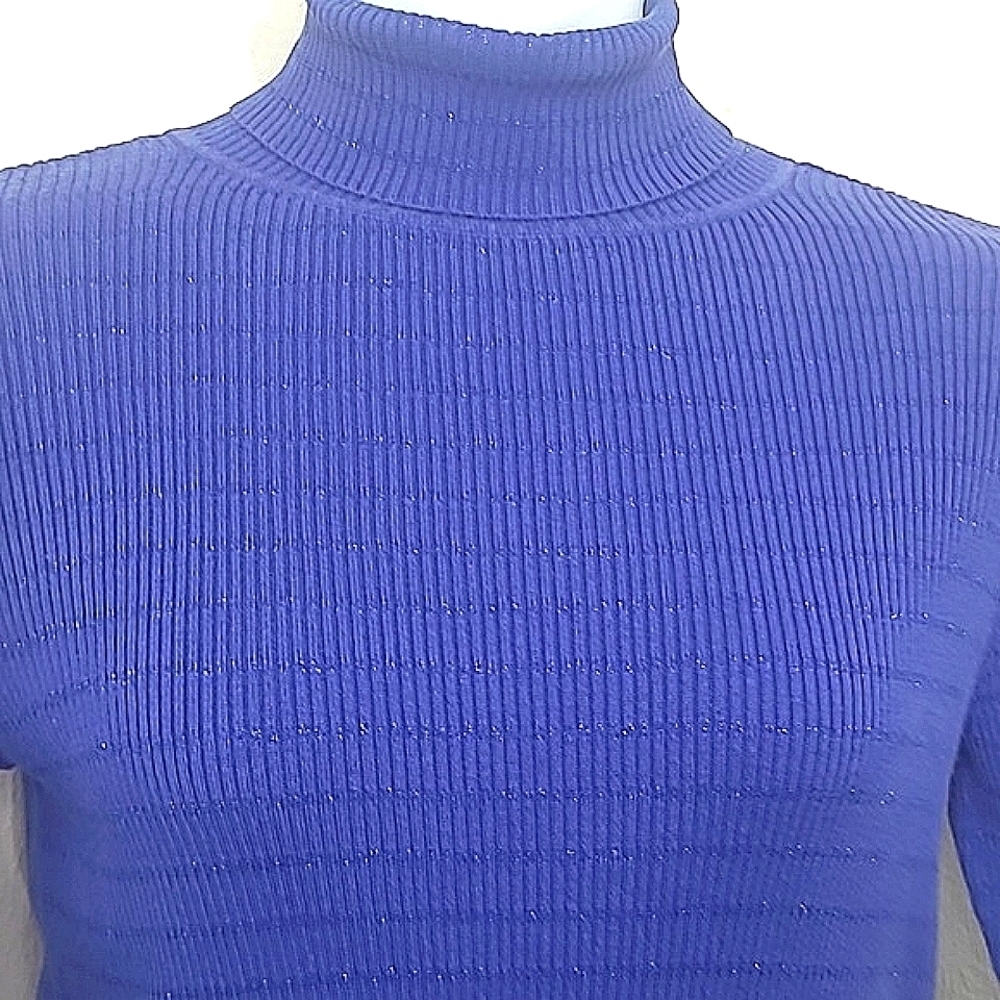 Kim Rogers Purple Sweater Royal Blue Sparkle Stripe Ribbed Knit Turtleneck Mediu